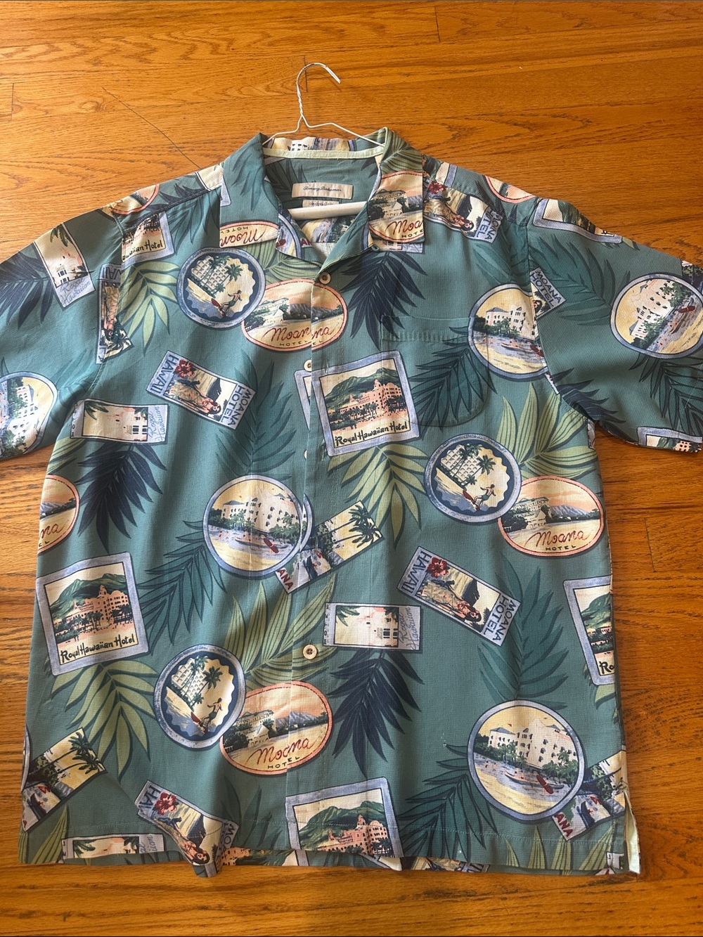 Tommy Bahama Green Tropical Postcard Print Camp Shirt